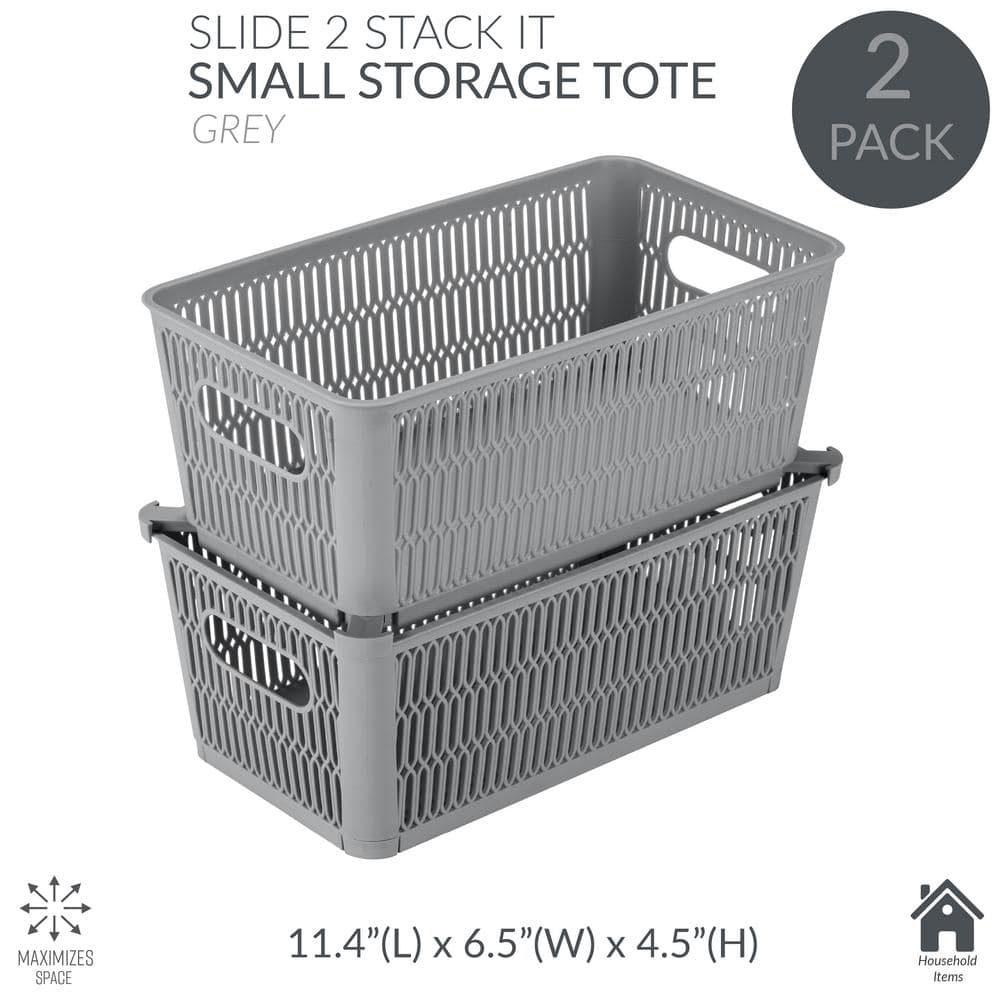 Small Gray Stackable Plastic Storage Tote Baskets, Set of 2