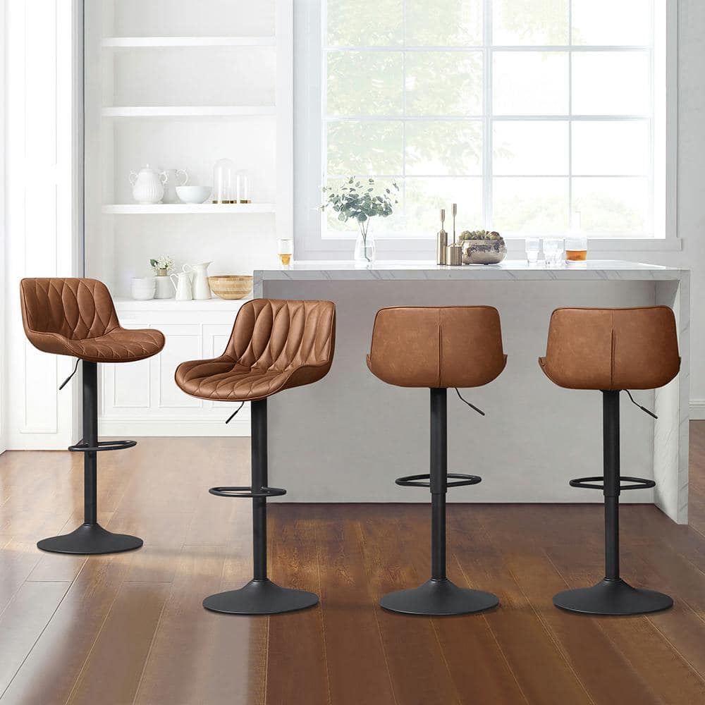 Tan Faux Leather Adjustable Swivel Bar Stools with Metal Frame