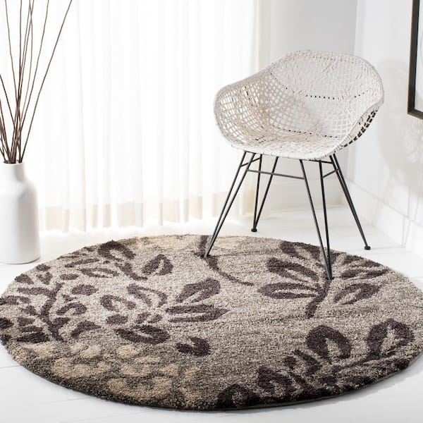 Florida Shag Smoke/Dark Brown 4 ft. x 4 ft. Round Floral Area Rug