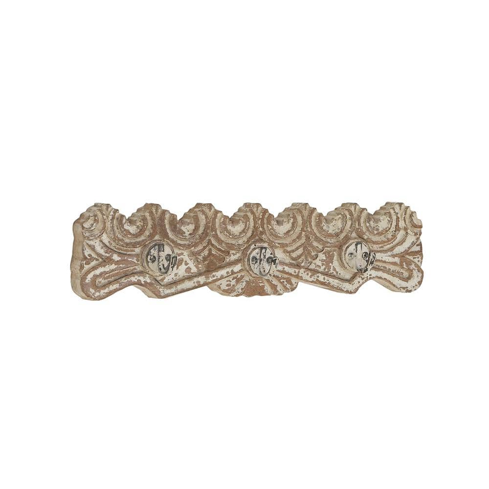 Distressed Brown Mango Wood and Iron Carved Wall Hook Rack