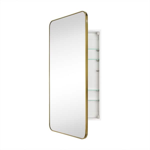 Garnes 24 in. W x 36 in. H Rectangular Recessed or Surface Mount Metal Medicine Cabinet with Mirror in Brushed Gold