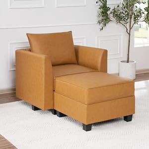 35.43 in. Faux Leather Contemporary Accent Chair for Sectional Sofa with Ottoman in Caramel