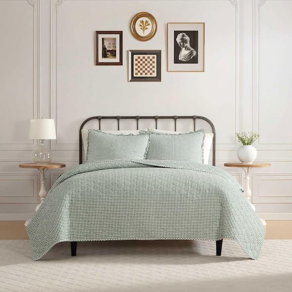 Gracies Gingham 3-Piece Olive Green Cotton Full/Queen Quilt Set