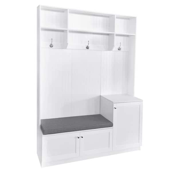 White Hall Tree Storage with Bench Cushion, Shoe Cabinet and Coat Rack with Hooks