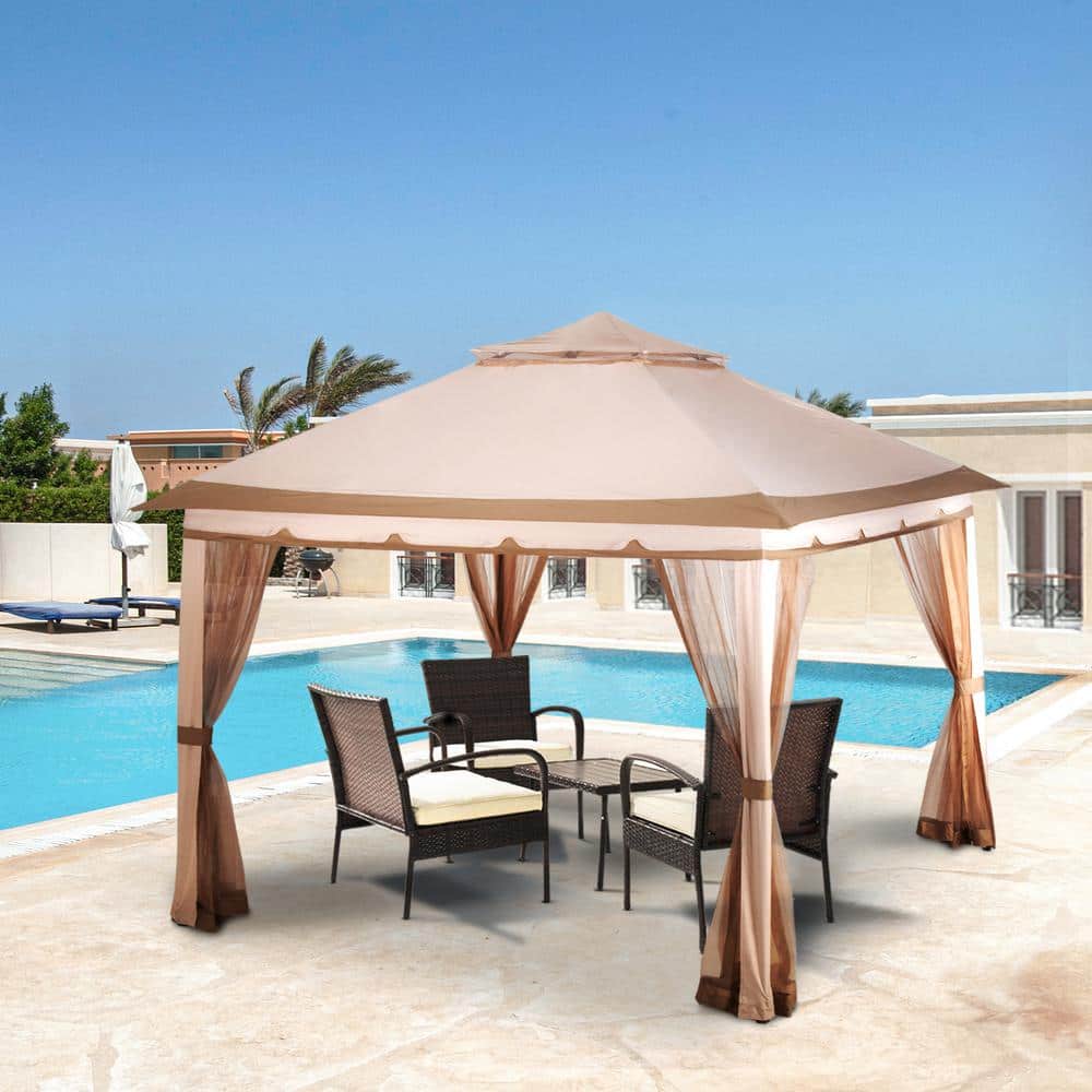 11 ft. x 11 ft. Beige Metal Frame Patio Gazebo