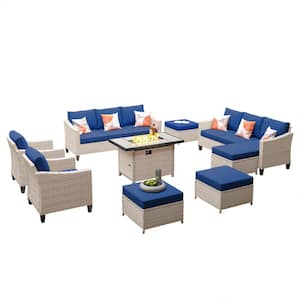 Oconee Beige 9-Piece Modern Outdoor Patio Conversation Sofa Set with a Rectangle Fire Pit and Navy Blue Cushions