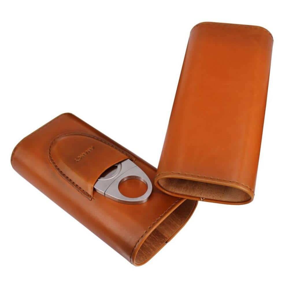 3-Finger Brown Leather Cigar Case with Cedar Lining and Silver Stainless St