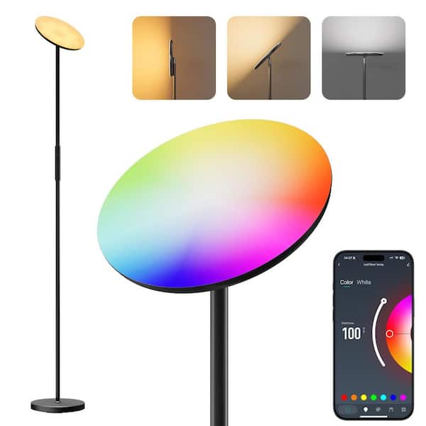 69 in. Black 1-Light Smart RGB Dimmable LED Light Torchiere Floor Lamp with Smart Control