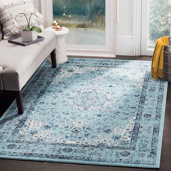 Evoke 5 ft. x 5 ft. Light Blue Square Border Area Rug