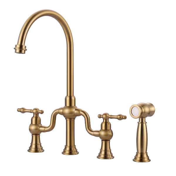 WOWOW Double Handle High-Arc Deck Mounted Bridge Kitchen Faucet Side Sprayer in Gold