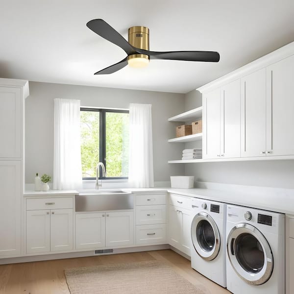 52 in. Integrated LED Indoor Modern Style Flush Mount Gold Black Ceiling Fan with Light Kit and Remote Control