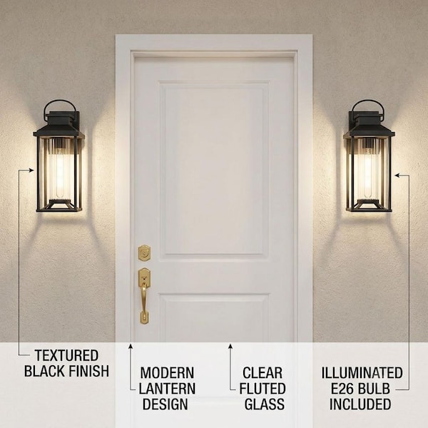 Textured Black Exterior Lighting Fixtures Wall Mount, Modern Outdoor Wall Sconce Lantern (2 Pack)