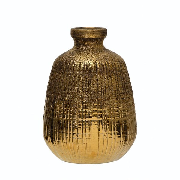 Storied Home Textured Terra-cotta Vase with Lines, Gold Finish