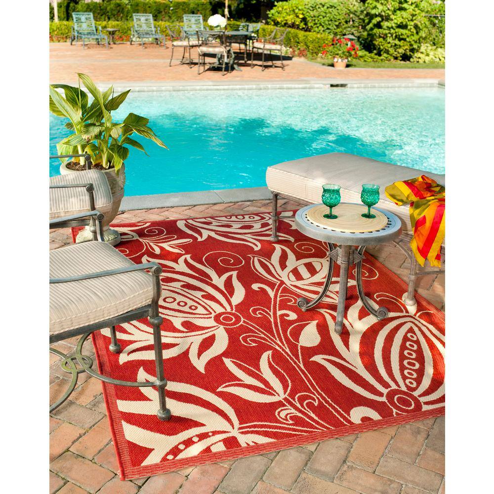 Red and Natural Floral Rectangular Synthetic Area Rug
