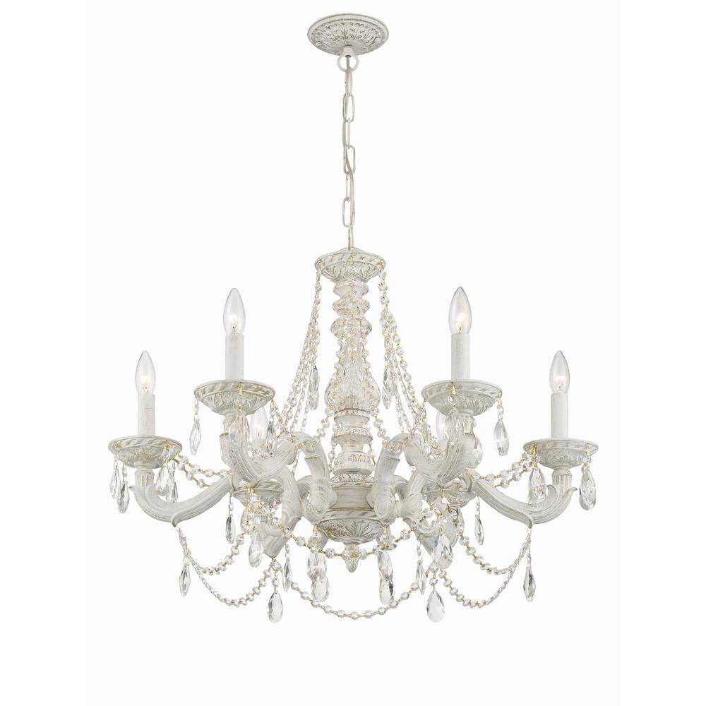 Antique White 6-Light Chandelier with Clear Italian Crystals