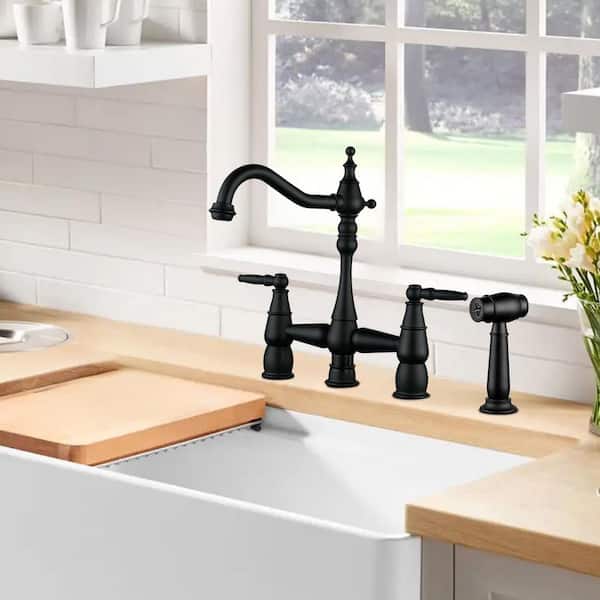 Brass Double Handle Bridge Kitchen Faucet with Side Sprayer in Matte Black