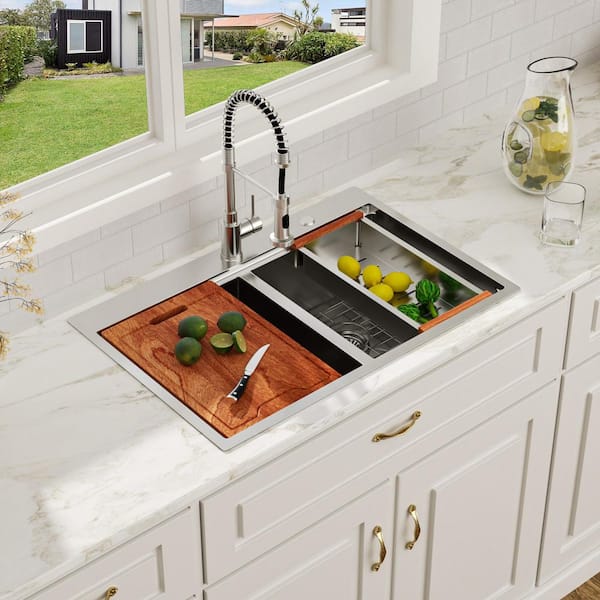 33 in. Drop in Double Bowl 16-Gauge Stainless Steel Workstation Kitchen Sink with Sliding Accessories