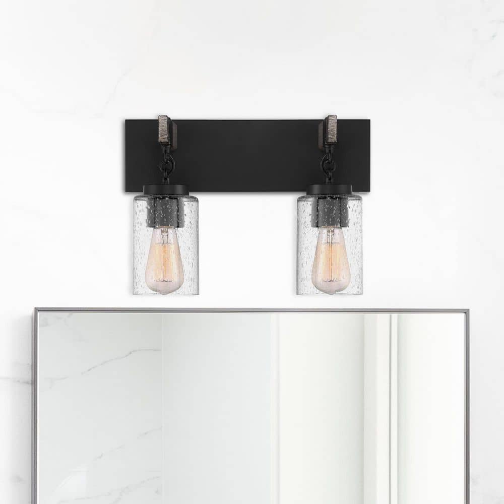 Fulton 15.5 in. 2-Light Matte Black Industrial Vanity Light with Clear Seedy Glass Shades price history on PriceWatchPro