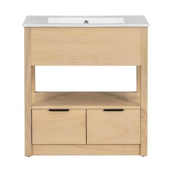 Virubi 30 in. W Single Sink Bath Vanity in Natural with White Ceramic Top, Open Shelf and 2 Drawers