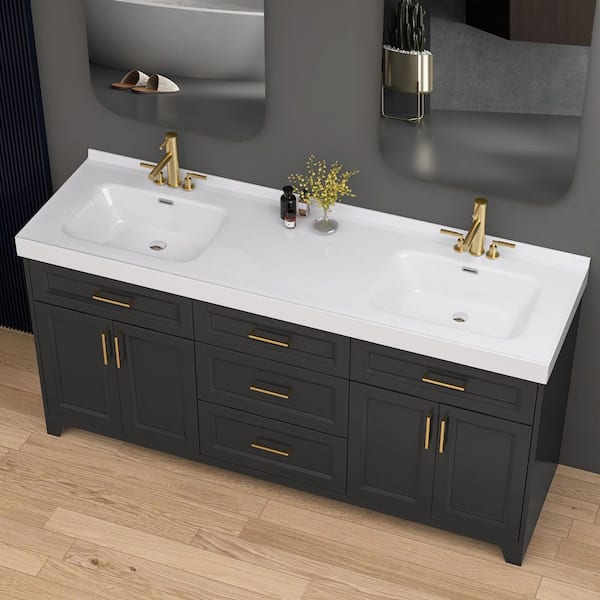 Xoe 73 in. W x 22 in. D Solid Surface White Rectangular Double Sink Bath Vanity Top with Backsplash Basin 3-Faucet Holes
