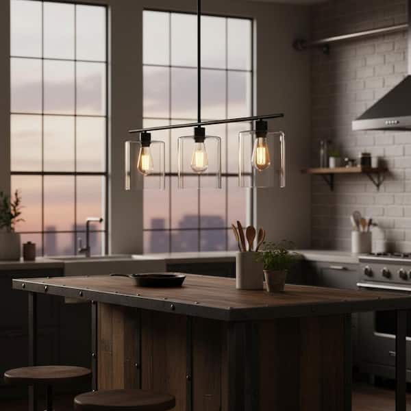 3-Light Matte Black Modern Kitchen Island Light fixtures,Linear Chandelier Pendant Hanging Light with Clear Glass Shade