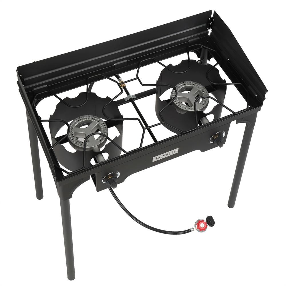 Black Cast Iron 2-Burner Portable Propane Gas Grill with Windscreen