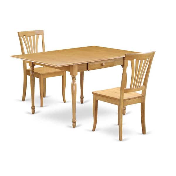 East West Furniture 3-Piece Natural Brown Oak Finish Solid Wood Top With Dropleaf Dining Table Set for Small Spaces