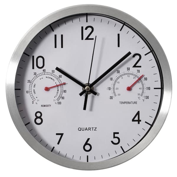 8 in. Non-Ticking Silver Wall Clock with Thermometer, Hygrometer-Battery Operated Aluminum Analog Temperature, Humidity