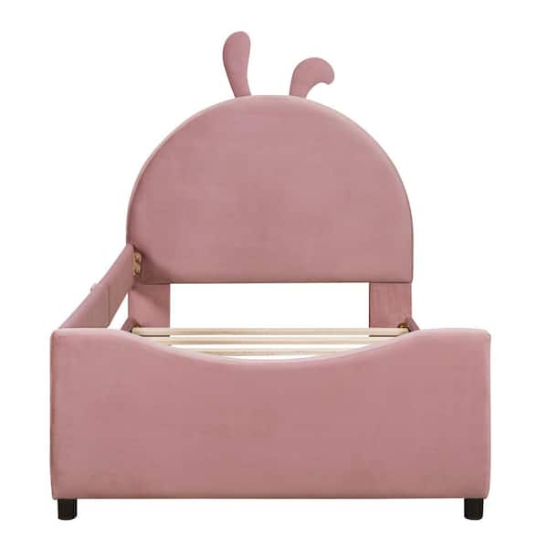 Pink Wood Frame Twin Size Velvet Upholstered Daybed with Classic Vertical Stripe Shaped Headboard Nailhead Trim Design