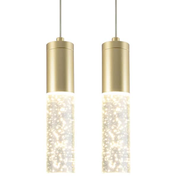 MAXAM 1-Light Golden Integrated LED Mini Pendant Light Bubble Crystal Cylinder Glass for Dining Room or Kitchen Island-2-Piece