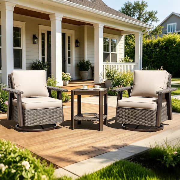 3-Piece Wicker Patio Swivel Rocking Chair Conversation Set with Beige Cushions
