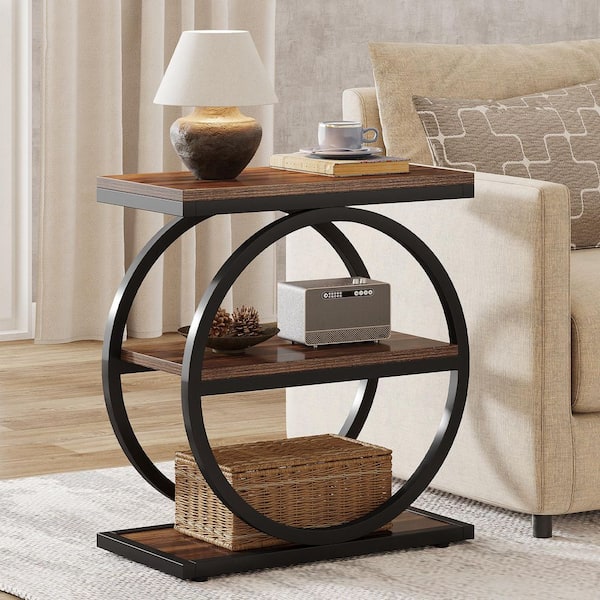 Kerlin 23.62 in. Brown Rectangle Wood End Table with 3 Tiers Storage Shelves and Geometric Base