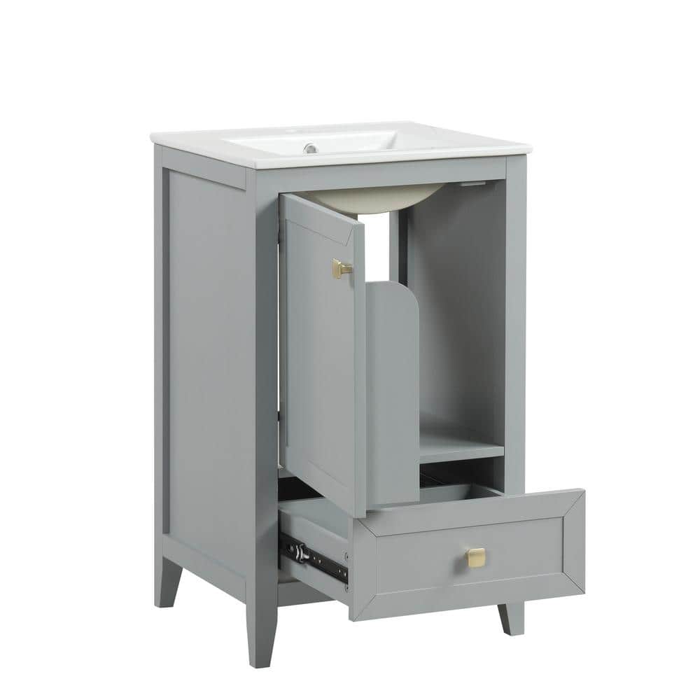 Gray MDF Freestanding Bathroom Vanity with White Ceramic Sink