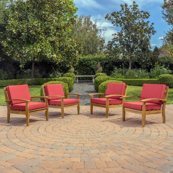 Noble House Galilea Deep Seating Wood Outdoor Patio Lounge Chair with Red Cushions (4-Pack)