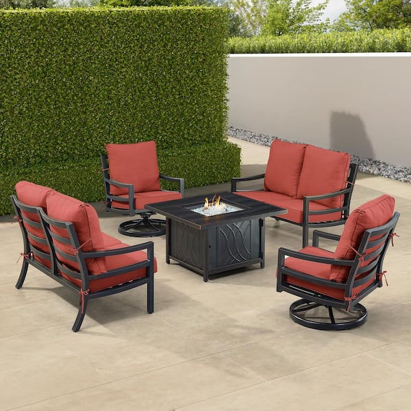 Oakland Living Black 6-Piece Aluminum Patio Fire Pit with 2-Deep Seating Loveseat and 2-Club Chairs Red Cushions
