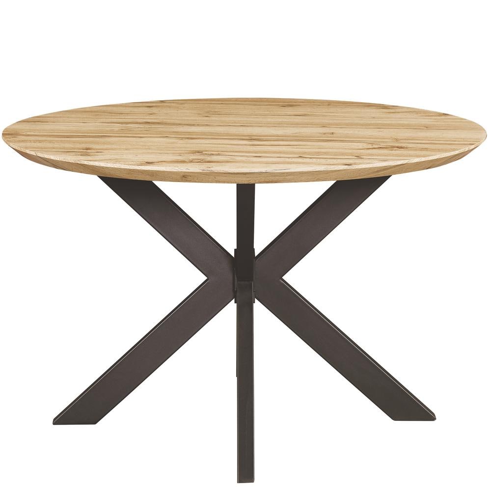 Reclaimed Wood Round Dining Table with Geometric Metal Base