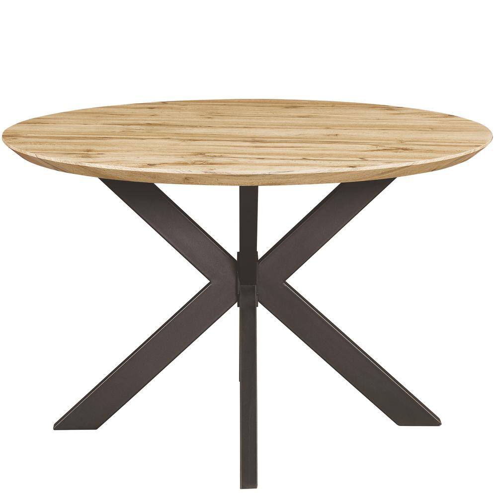 Reclaimed Wood Round Dining Table with Geometric Metal Base
