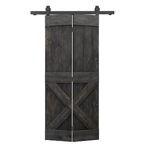 32 in. x 84 in. Mini X Series Charcoal Black Stained DIY Wood Bi-Fold Barn Door with Sliding Hardware Kit