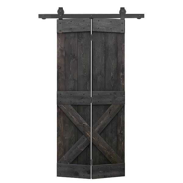 CALHOME 30 in. x 84 in. Solid Core Charcoal Black Stained Wood Bi-Fold Barn Door with Sliding Hardware Kit Mini X Pre Assembled