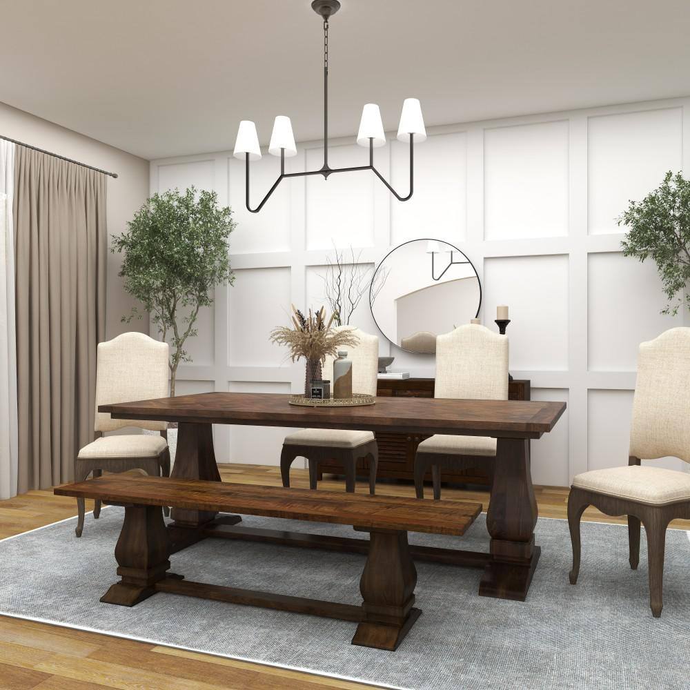 Parquet Inlay Reclaimed Pine Wood 84" Dining Table with Marble Accents