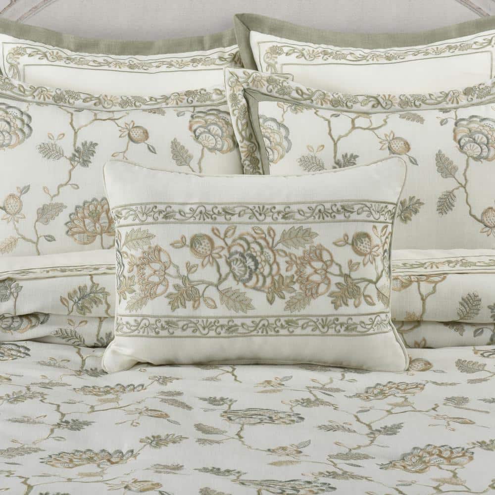 Sage Green and White Embroidered Rectangular Throw Pillow