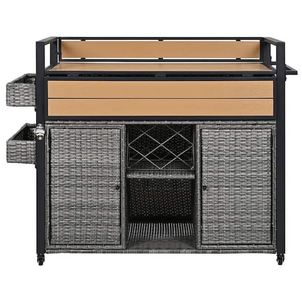 52.8 in. Gray Wicker Outdoor Kitchen Island Grill Cart with Extended Plastic Wood Table Top and Storage Cabinet