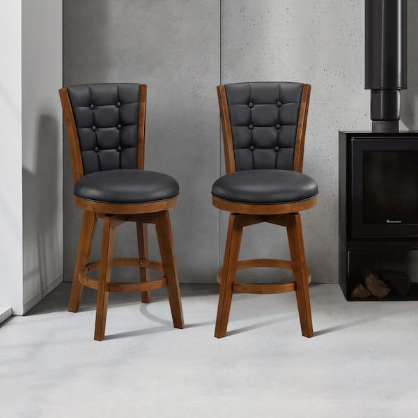Brielle 25 In. Chestnut Finish High Back Wood Swivel Counter Height Stool with Black Faux Leather Seat (Set of 2)