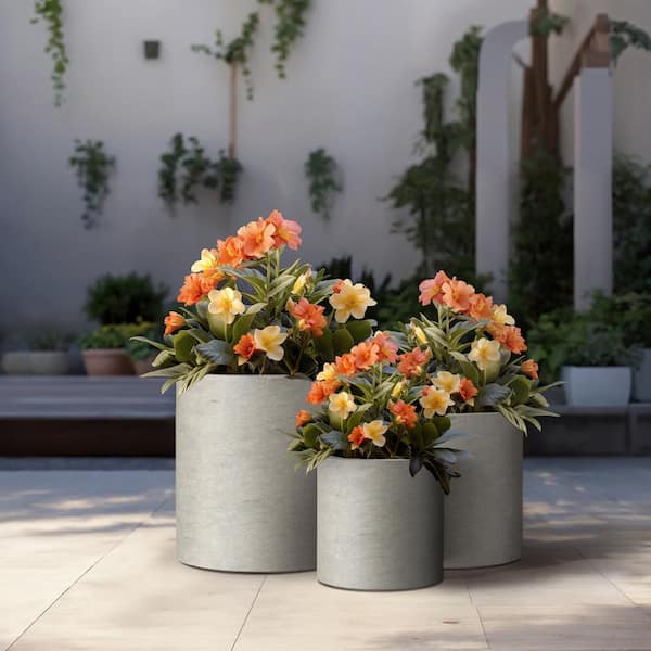 10 in., 13 in., 16in. Dia Light Gray Extra Large Tall Round Concrete Plant Pot / Planter for Indoor and Outdoor Set of 3