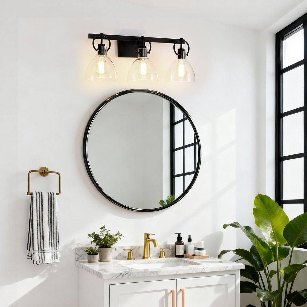 25 in. 3 Light Matte Black Modern Bathroom Vanity Lights with Clear Dome Glass Shade price history on PriceWatchPro
