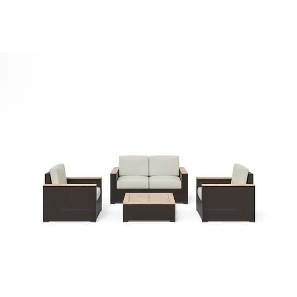 HOMESTYLES Palm Springs 4 Piece Brown Wicker and Wood Patio Conversation Set Loveseat, 2 Lounge Chairs & Coffee Table Tan Cushions