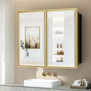 36 in. W x 32 in. H Rectangular Aluminum Alloy Gold Framed Recessed/Surface Mount Medicine Cabinet with Mirror