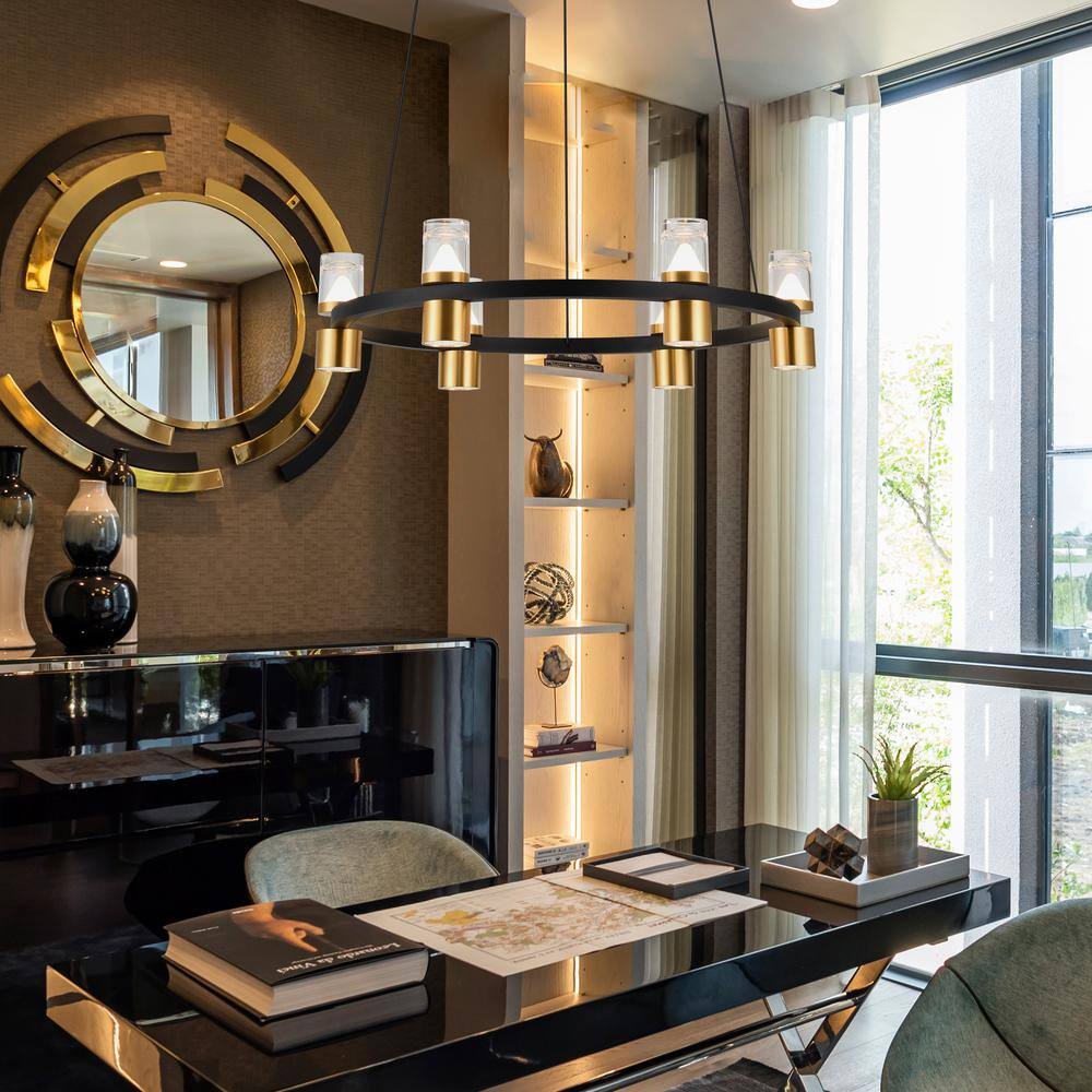 Black and Gold Adjustable LED Ring Chandelier with Crystal Shades