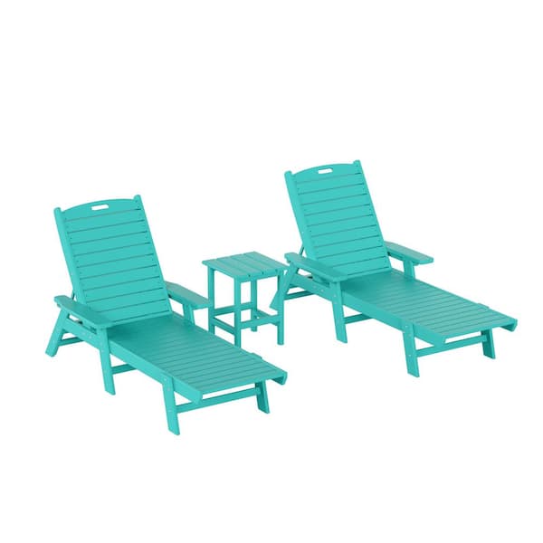 WESTIN OUTDOOR Harlo 3-Piece Turquoise Fade Resistant HDPE Plastic Reclining Outdoor Patio Chaise Lounge Arm Chair and Table Set