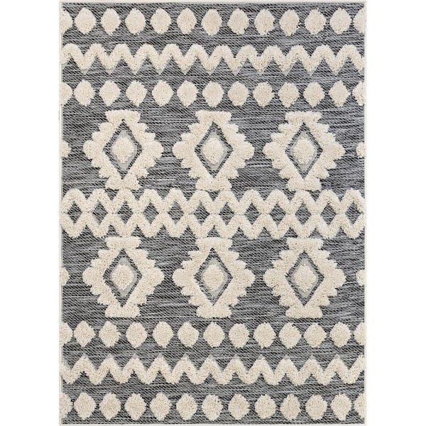 Bellagio Chiara Moroccan Tribal Grey 5 ft. 3 in. x 7 ft. 3 in. High-Low Flat-Weave Area Rug
